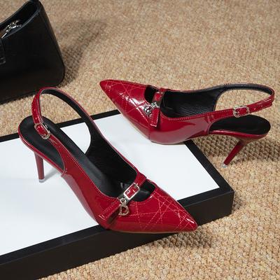 2024 Hochhackige Schuhe mit Schnalle, flachen, spitzen Stilettos und Slip-On-Sandalen mit Riemen auf der Rückseite, sexy, glänzende Lederschuhe