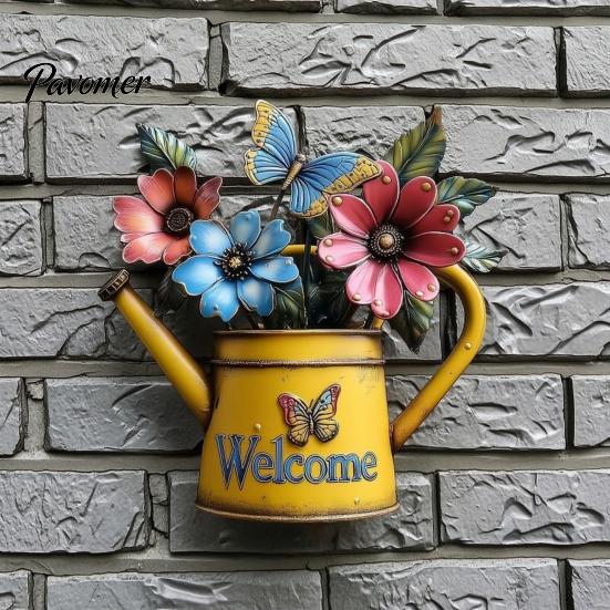 Three Dimensional Wall Ornaments Rustic Metal Watering Can Art, Flower Butterfly Welcome Sign, Farmhouse Home Exterior Decorations Iron Hanging Decor