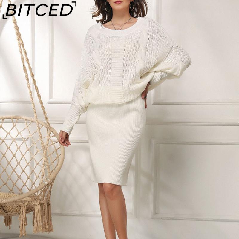 BITCED Autumn/Winter Plus Size Women's Loose Batwing Sleeve Knitted Long Pullover Dress