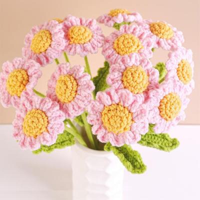 Crochet Flower with Leaves Handmade Knitting Yarn Floral Decoration Home Office Table Centerpiece Mother's Day Birthday Christmas Gift
