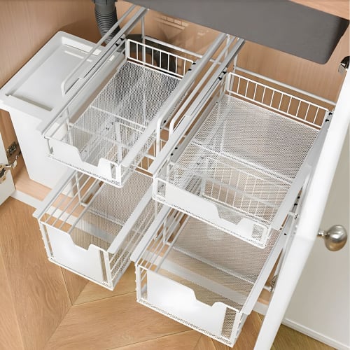 BQKOZFIN Under-Sink Storage Rack, Kitchen Storage, Sliding Drawers, 2 Tiers, 28cm Wide x 33cm Deep x 43cm High, Large Capacity, Under-Bathroom Storage
