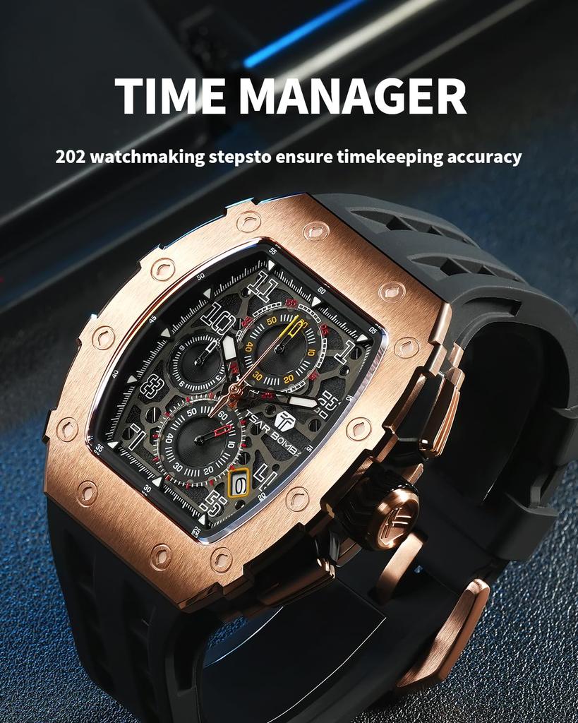 TSAR BOMBA Men's Skeleton Automatic Watch Ceramic Japanese Movement Tonneau Silicone Strap 50M Water Resistant Luminous Luxury Business Fashion Sports