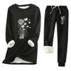 Women's Print Round Neck Warm Suit Long Sleeve Fleece Drawstring Sweatpants Two-Piece Set