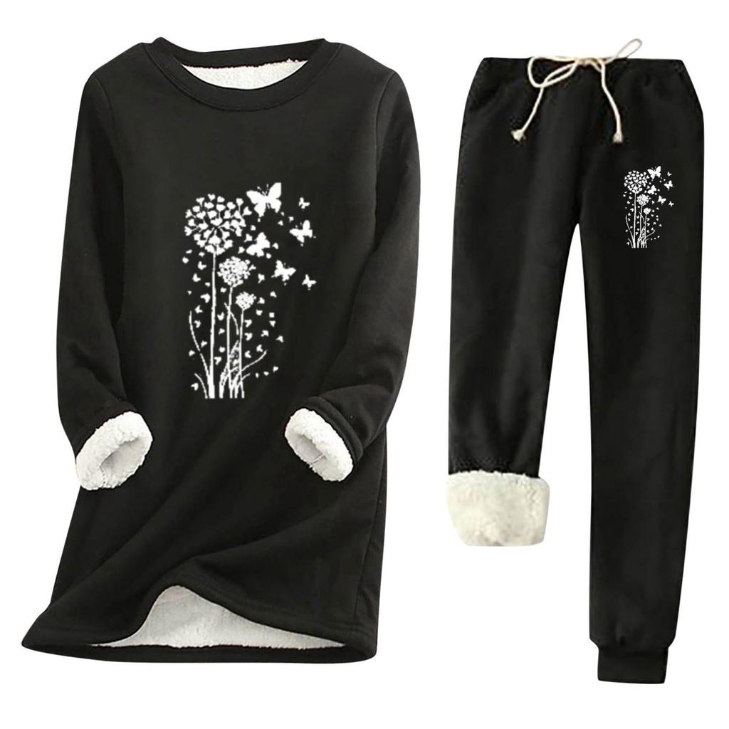 Women's Print Round Neck Warm Suit Long Sleeve Fleece Drawstring Sweatpants Two-Piece Set