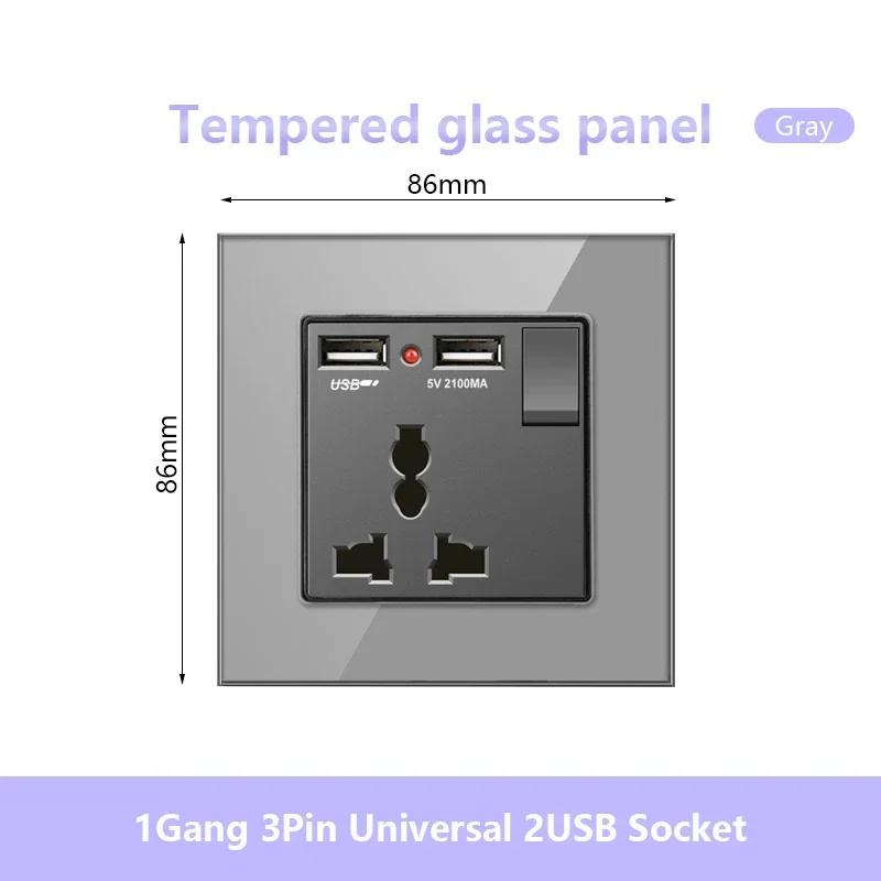UK 13A 220V Dual Outlet with 18W Type-C Quick Charge,1/2 Way Light Switch Panel, Tempered Glass Surface,Wall Socket for TV/Phone