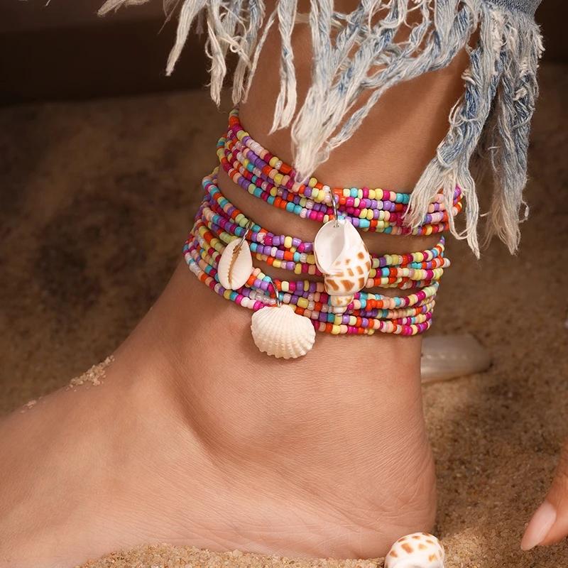 3pcs/set Bohemia Shell Conch Anklet for Women Girls Multi-layer Handmade Beaded Ankle Bracelet Summer Beach Jewelry Gift