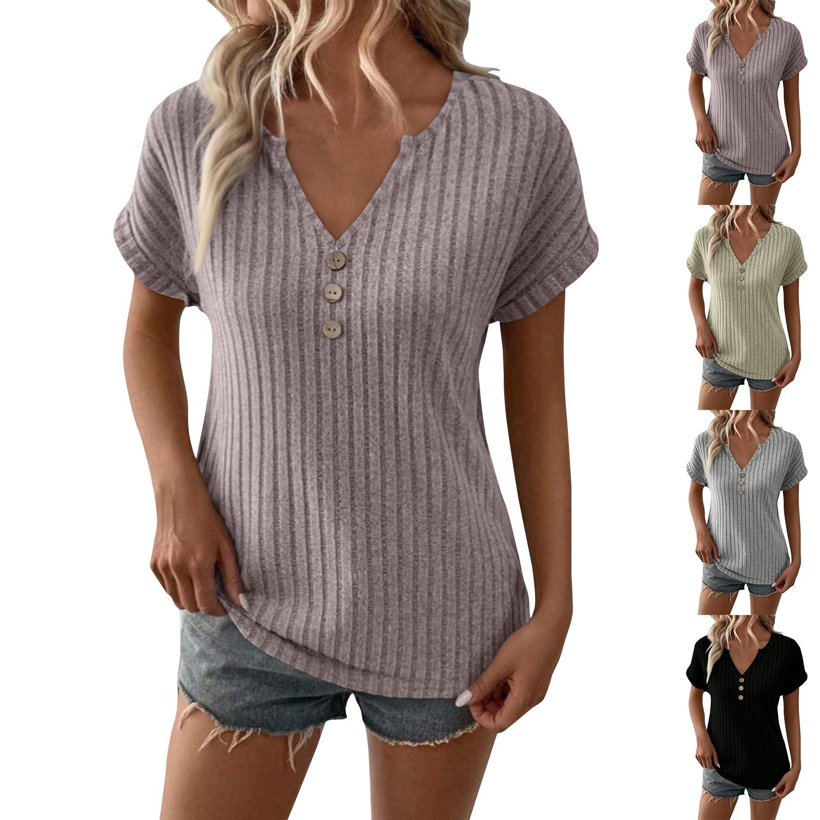 

Spring And Summer Solid Color V-neck Button-down Short-sleeved T-shirt Top