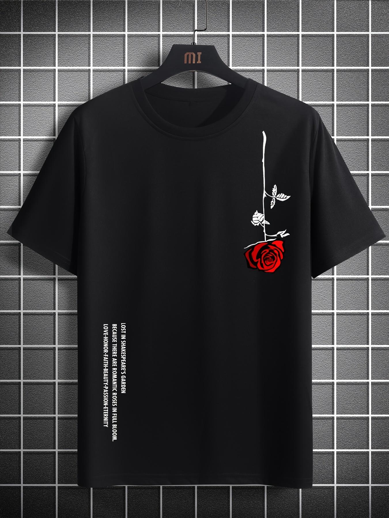 Mens Summer Loose Size 100 Cotton Rose Print Casual Slim Fit Round Neck Short Sleeve Tshirt Top S