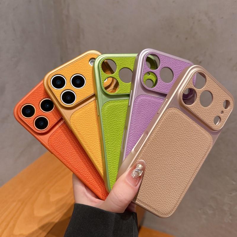 Original Solid Leather Color Case for iPhone 17 Air 16 15 14 13 Pro Max Matte Shockproof Hybrid PC Large Camera Window Cover