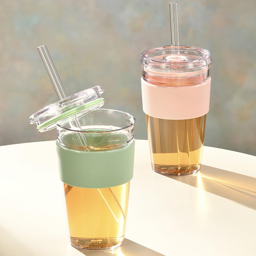 450ml Tritan Straw Cup Water Bottle Coffee Mug with Sleeve Portable Drinkware for Home/Office (No FDA, BPA-Free)