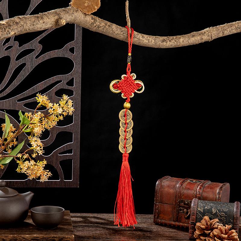 Brass Five Emperors Coins Knot Pendant with Cinnabar Fillable Copper Gourd