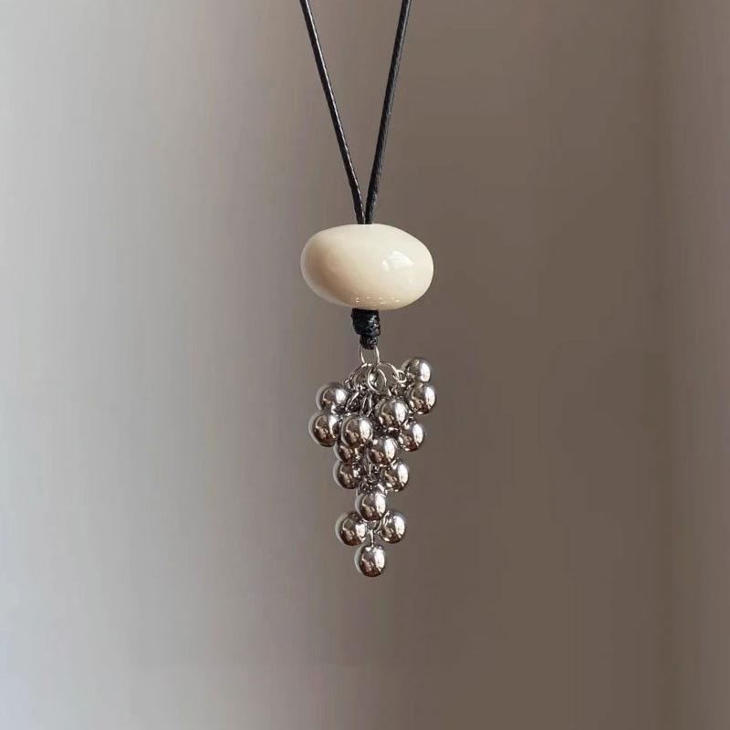 Long Grape Cluster Pendant Tassel Necklace for Women Girl Adjustable Leather Rope Sweater Chain Clavicle Chain Y2K Jewelry