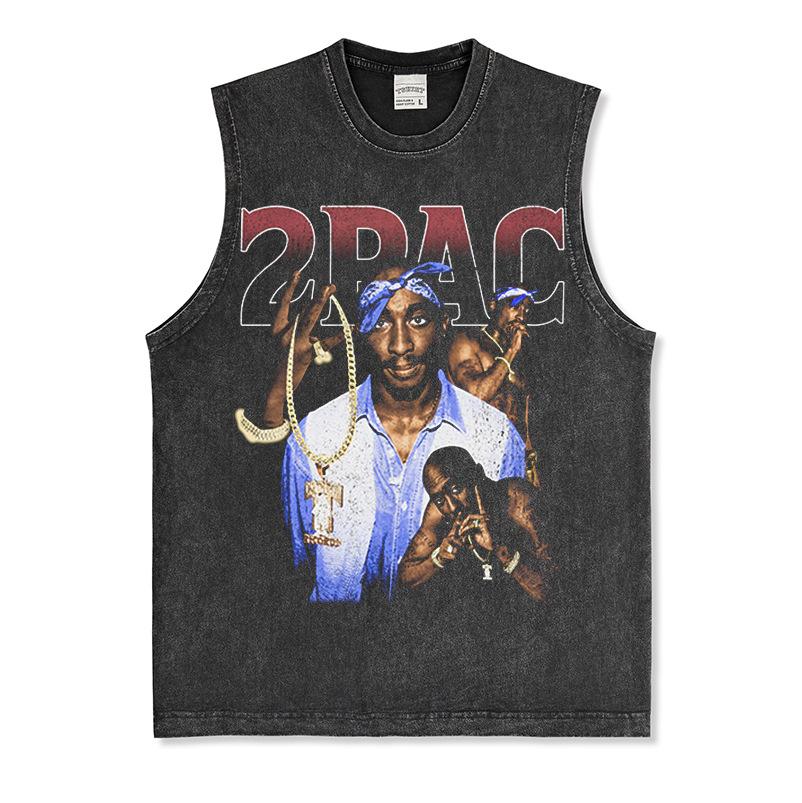 Canotta Senza Maniche Tupac Grafica Retro High Street Cotone Pesante