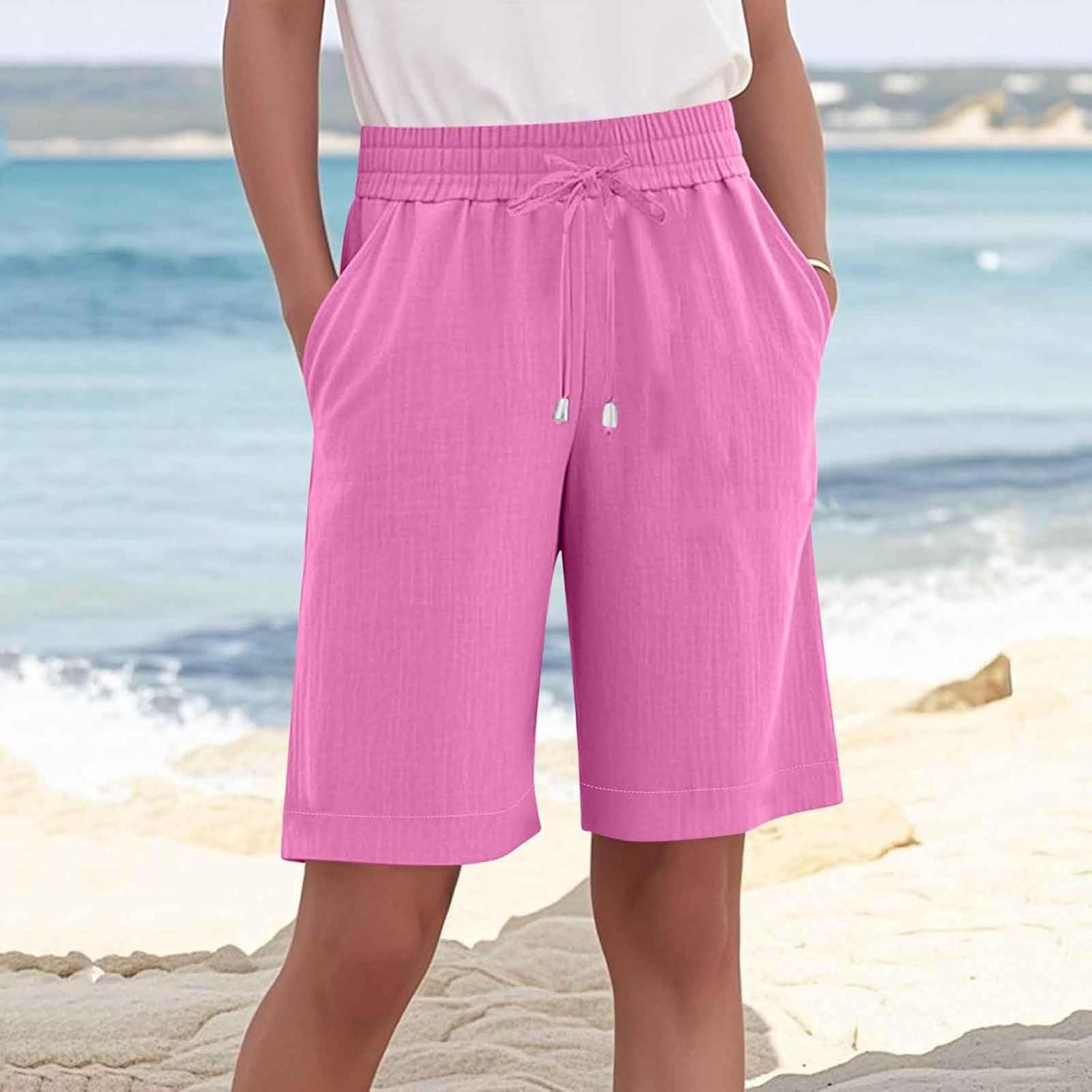 

Women s Solid Color Elastic Waist Quarter Pants Loose High Waist Mid Pants S рожевий