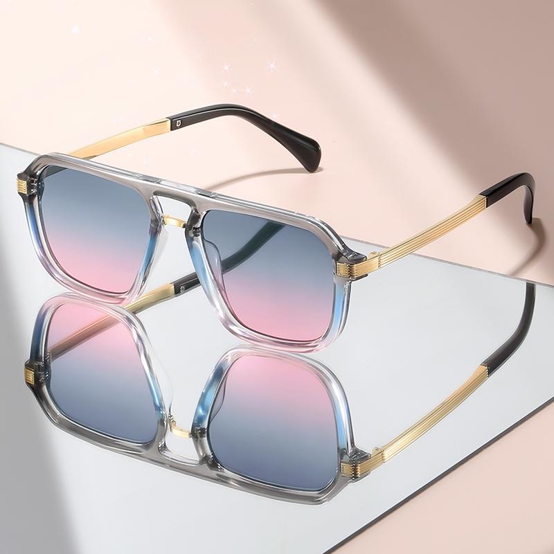 Retro-style simple double-beam flat-top flat mirror metal temple, versatile decorative sunglasses for daily wear