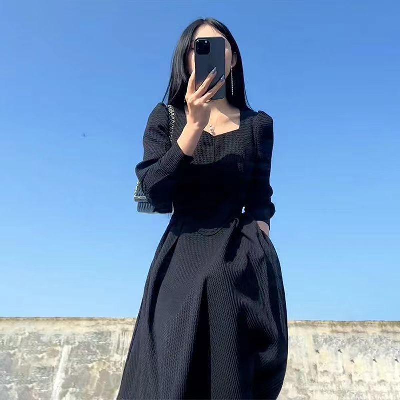 Vintage French Design Maxi Midi Dresses for Women Clothing Party Elegant Square Neck Black Long Dress Korean Fashion Autumn