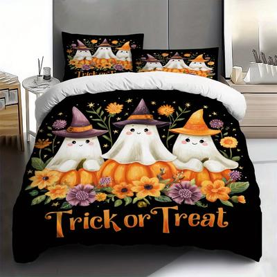 3-teiliges Halloween-Kürbis-Geist-Muster gedrucktes Bettbezug-Set, Hochauflösendes gedrucktes Bettwäsche-Set