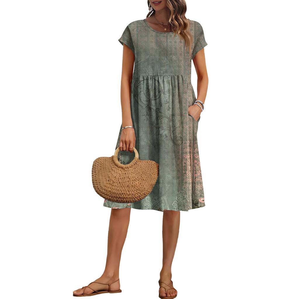 Women's Summer Fashion Casual Round Neck Short Sleeve Floral Print Dress