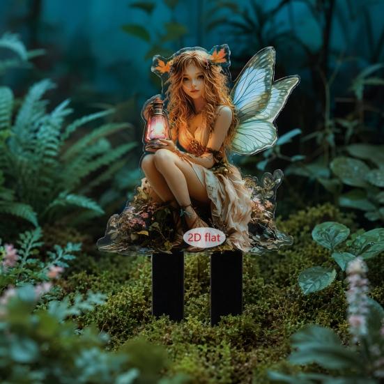 Feengarten-Stab mit Laterne, 2D Acryl-Elfen-Außenhof-Dekoration, UV-bedruckte Gartenkunst für Rasen Topfpflanzen, Geschenk für Frauen