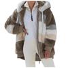 European American Autumn Winter Warm Plush Panel Zip Pocket Hooded Loose Coat Women