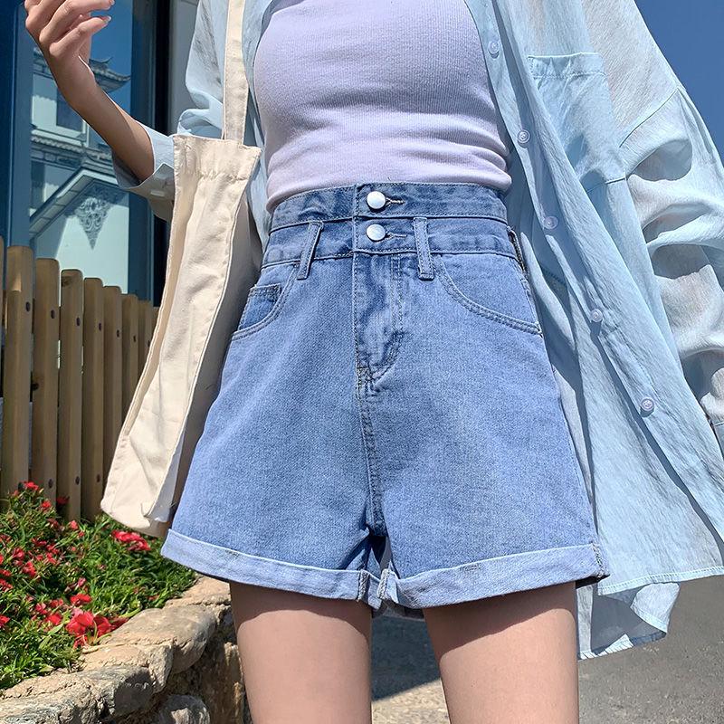 

Chic Women s High Waist Denim Shorts - Summer Thin, Double Button, Rolled Hem, Wide Leg, Super Short S синий