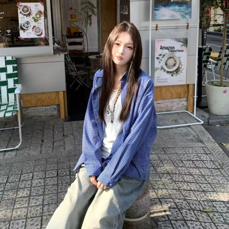 

Women s Oversized Blue Plaid Long Sleeve Casual Shirt Jacket - Unique Summer Style with Sun Protection XL синий