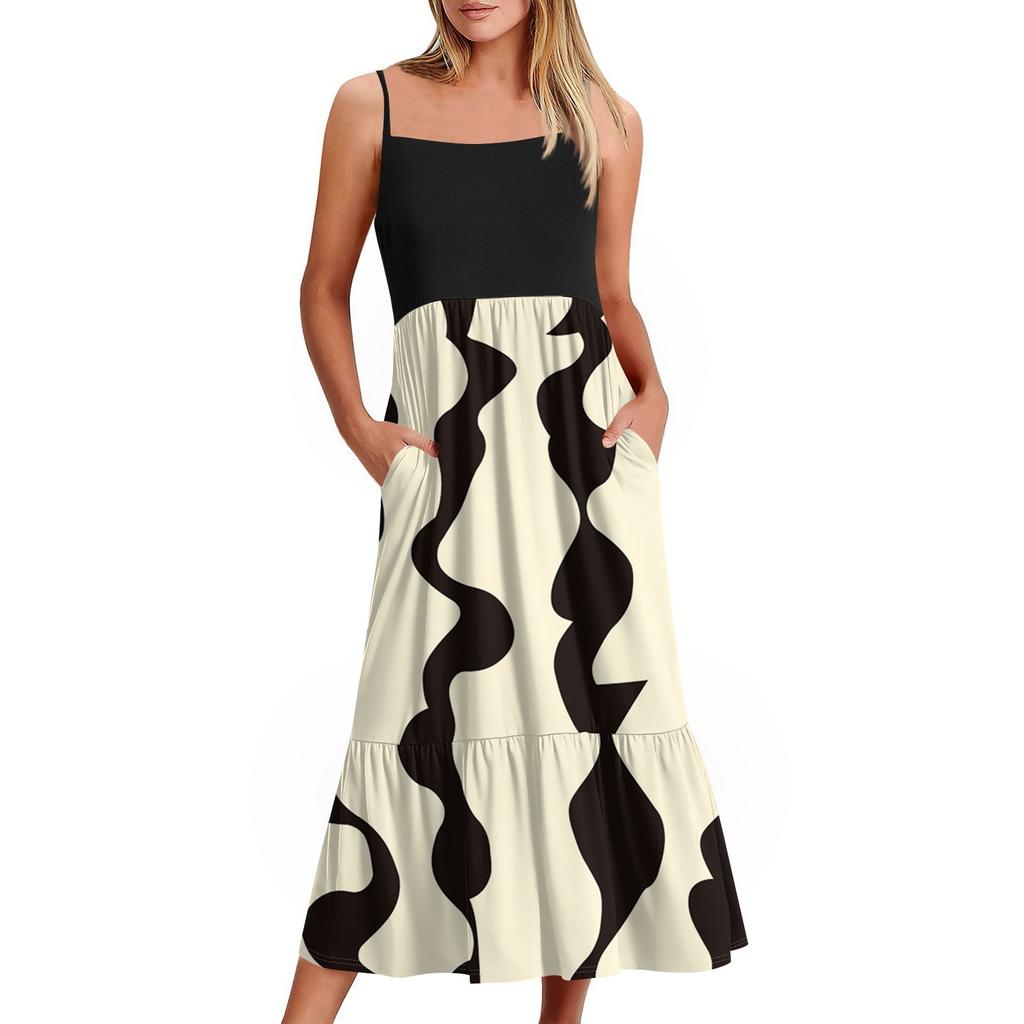 Women's Long Beach Casual Elegant Spaghetti Strap Maxi Dress Floral Low-key Flowing Bohemian Dress