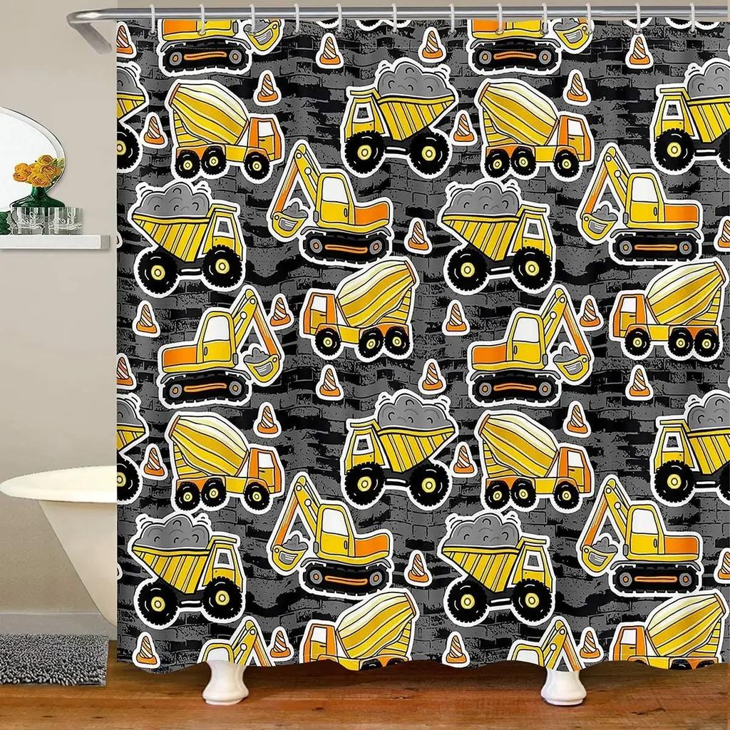 Kid Excavator Shower Curtain Tractor Mechanic Truck Construction Vehicle Boys' Bulldozer Crane Hanging Curtains Bathroom Decor