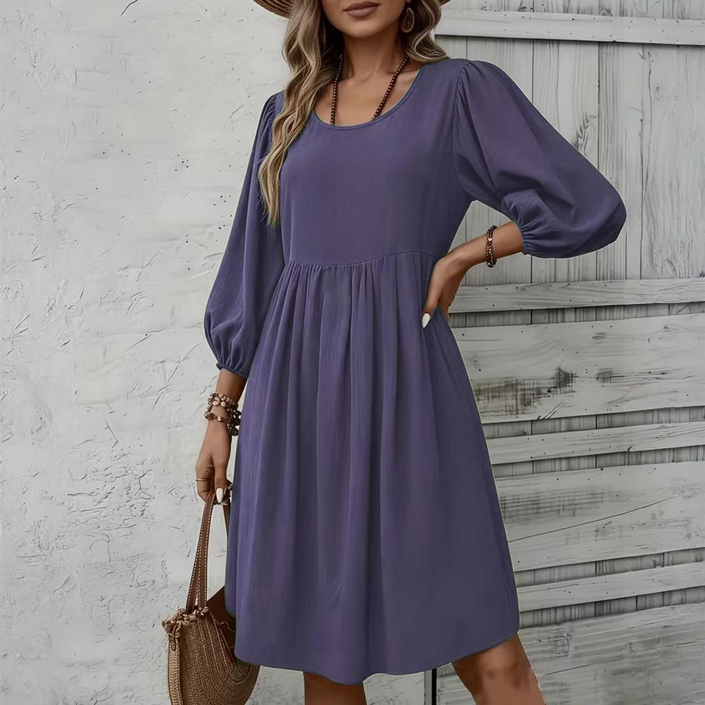 Women's Fashion Elegant Holiday Solided Color Round Neck 3/4 Sleeve Cotton Polyester Midi Dress