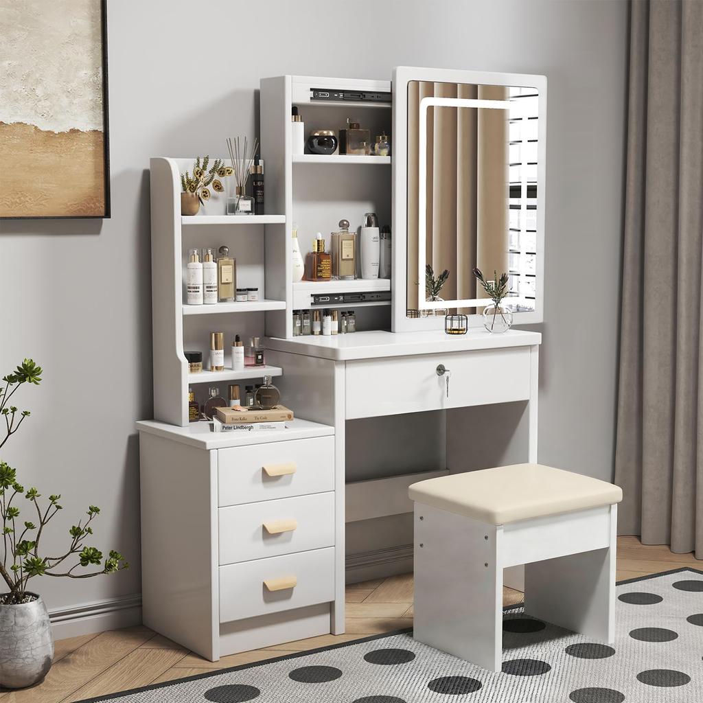 Stylish dressing table with mirror and lighting, including soft stool, 3-color adjustable lighting, 4 drawers, white, W85/H130/D36cm.