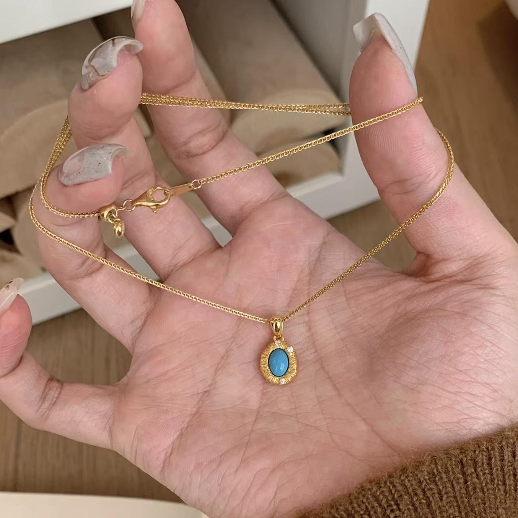 Medieval Style Retro Handmade Brushed Blue Pine Necklace Female Niche Design Light Luxury White Ring Ring Temperament Stud Earrings