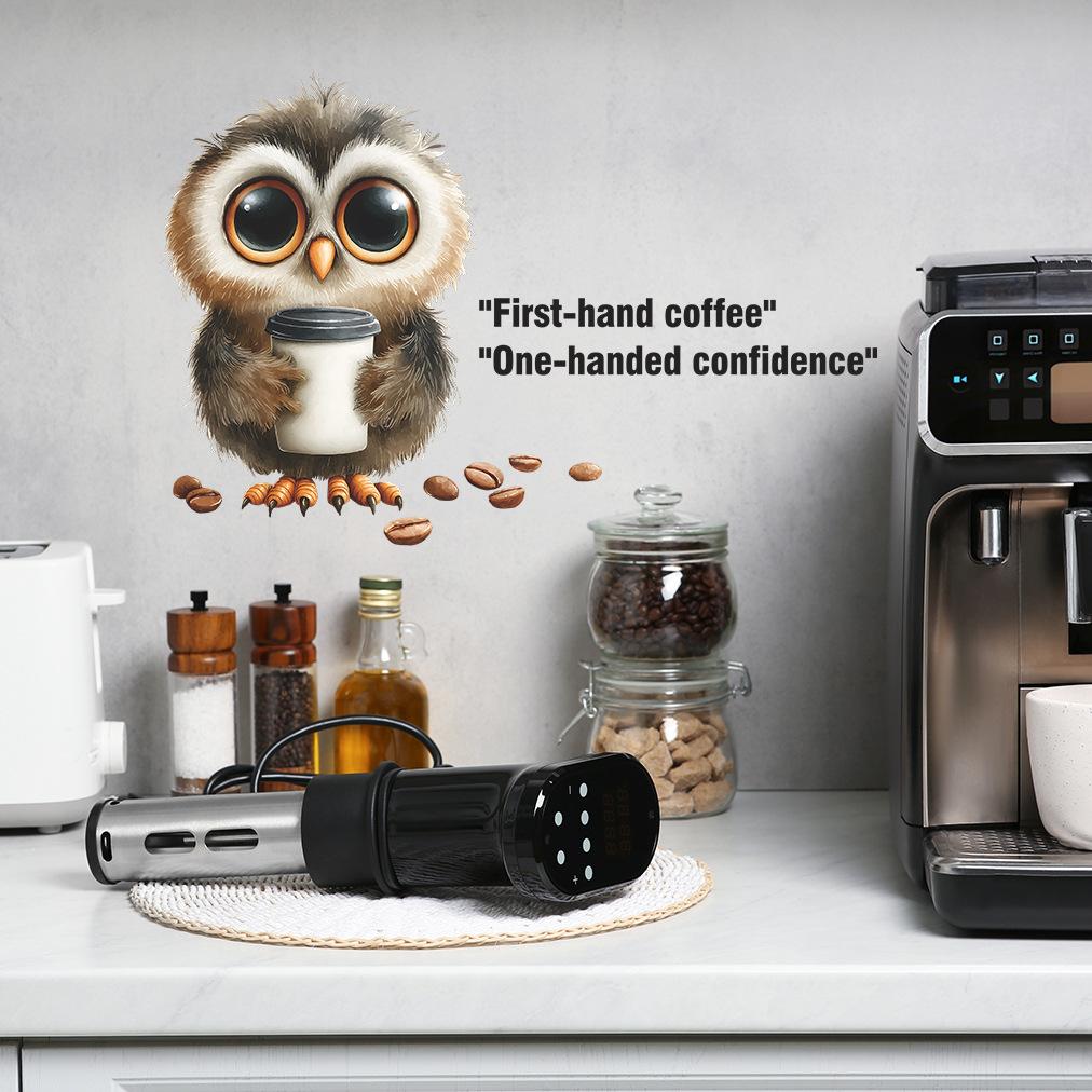 Cartoon Owl Drinking Coffee with Motivational Quote Cafe Wall Sticker Self-Adhesive Removable Decal