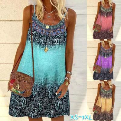 Summer Clothing Casual Sleeveless Bohemian Style Sling Dress Loose Print Party Mini Beach Dress Women's Abaya Women's Plus Size Cami Dress Women