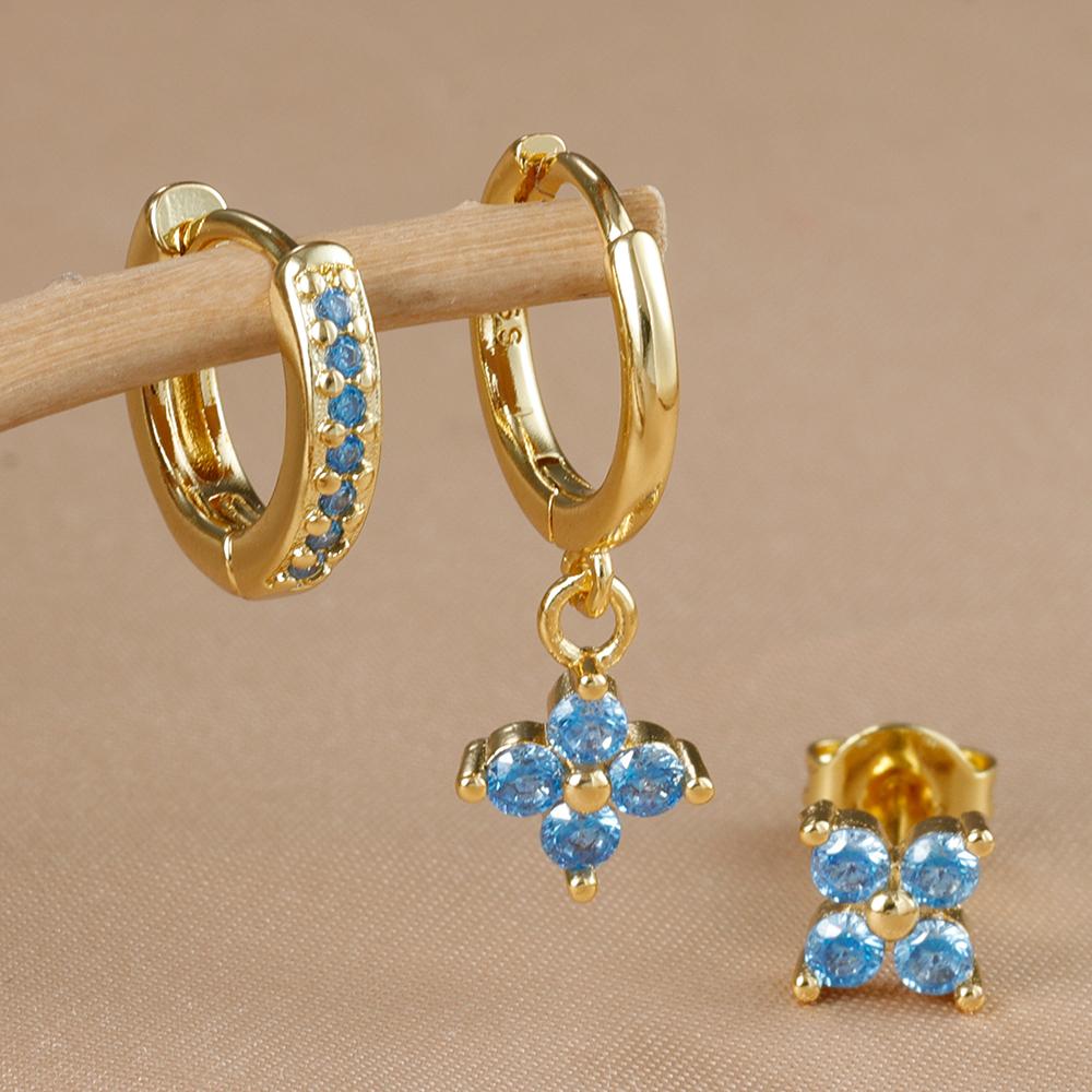 3PCS Fashion Gold Color Crystal Zirconia Drop Earrings Set for Women Stainless Steel Flower Dangle Earring Korean Jewelry aretes