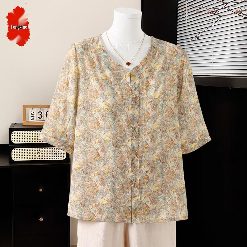 Women s New Chinese Style Floral Mid-sleeve T-shirt XL абрикосовый