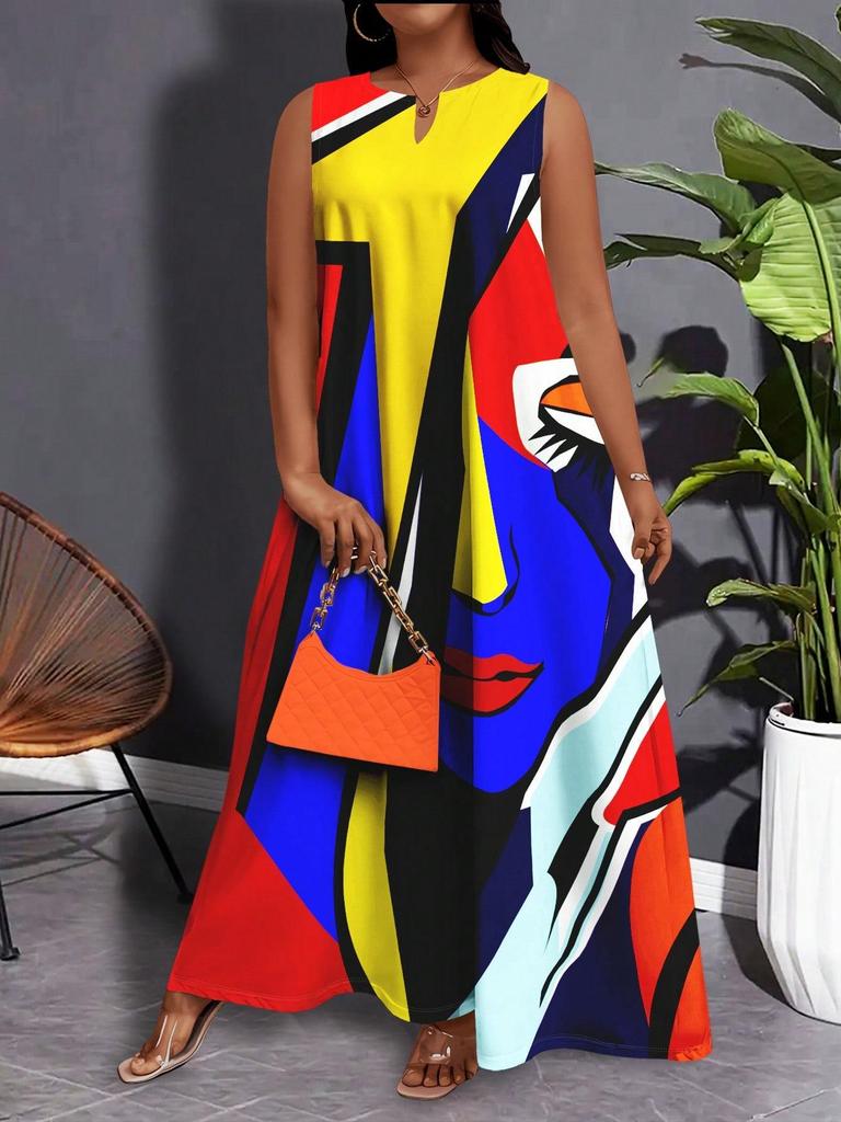 Plus Size African Impressionist Gold Leopard Sleeveless Long Dress