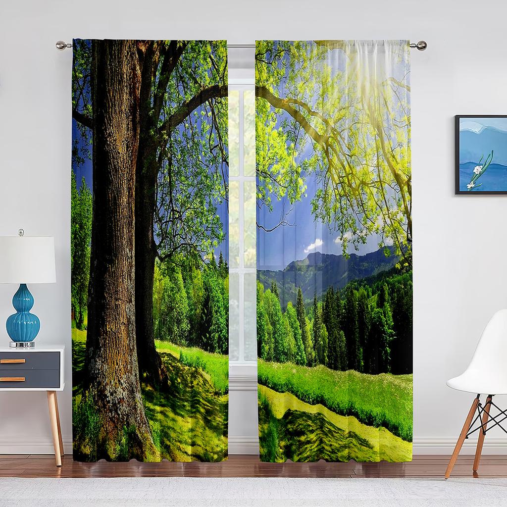 2panels Woodland Forest Foliage Sunbeams Nature View Curtains for Living Room Bedroom Kitchen Decor Sheer Curtains Window Drape