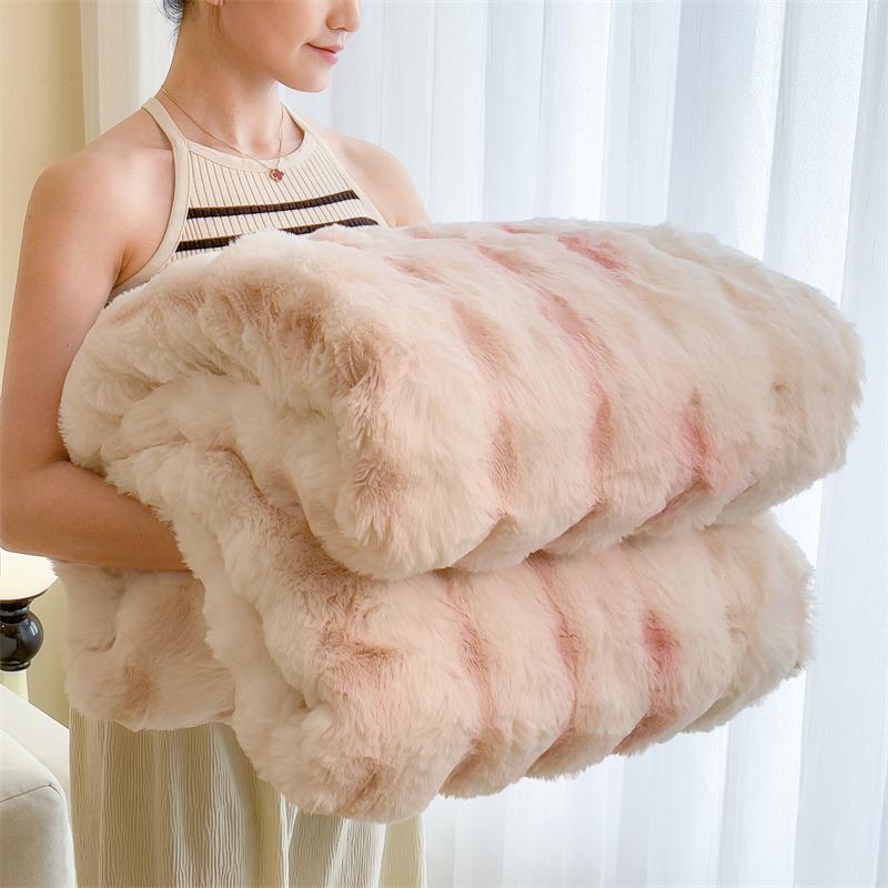 Luxury Super Soft Faux Rabbit Fur Blanket Fluffy Pink White Gradient Throw Blankets for Sofa Bed Winter Warm Thick Plush Blanket