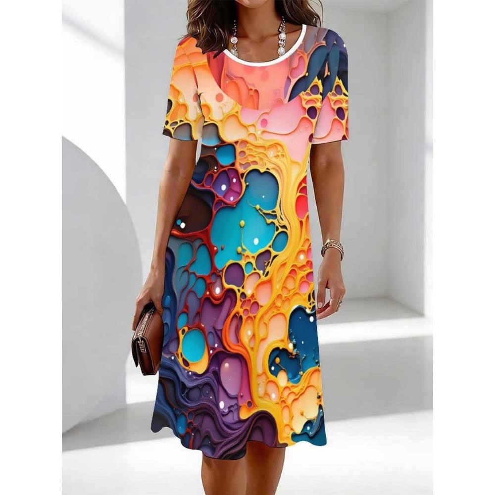 3D Color Tie-Dye Gradient Printed Dress, Summer Short Sleeve Round Neck Casual Mini Dress