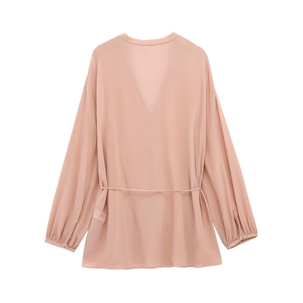 2025 Spring European & American Style Women's Long-Sleeve Belted Shirt - Versatile & Stylish