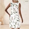 Women Plus Size White Sleeveless Round Neck Keyhole Ring Detail Ginkgo Leaf Printed A Line Dress