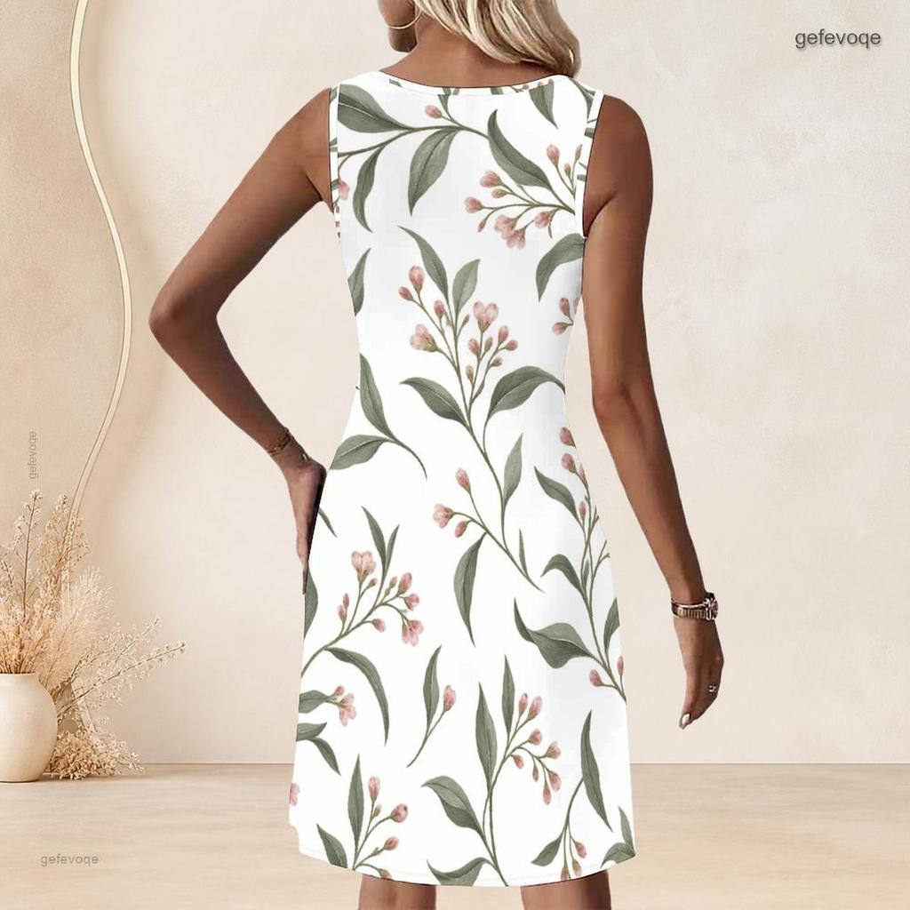 Women Plus Size White Sleeveless Round Neck Keyhole Ring Detail Ginkgo Leaf Printed A Line Dress