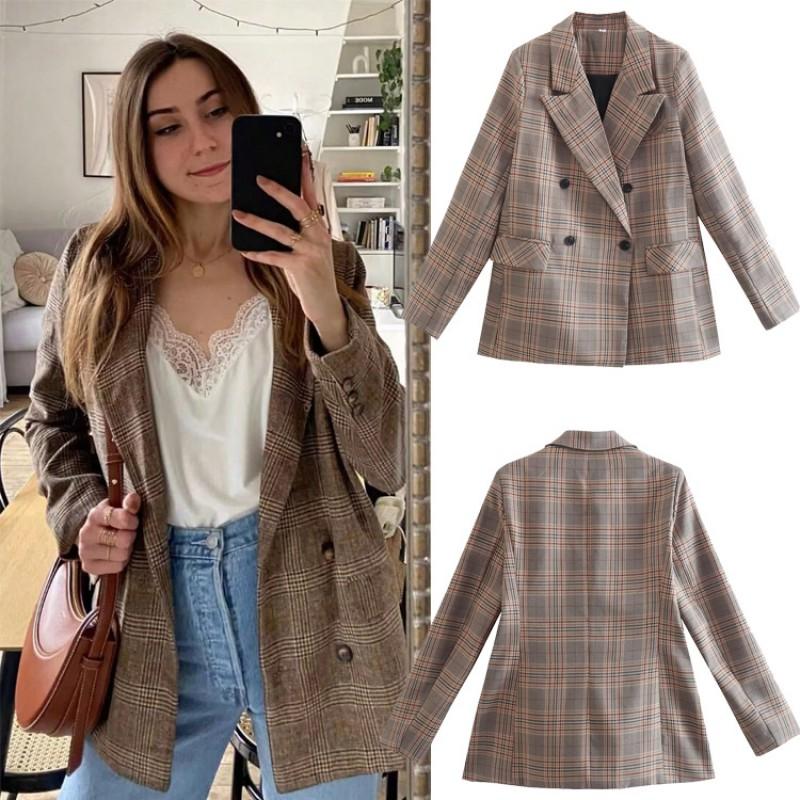 Womens Plaid Print Blazer Long Sleeve Casual Coat Street Style Outerwear