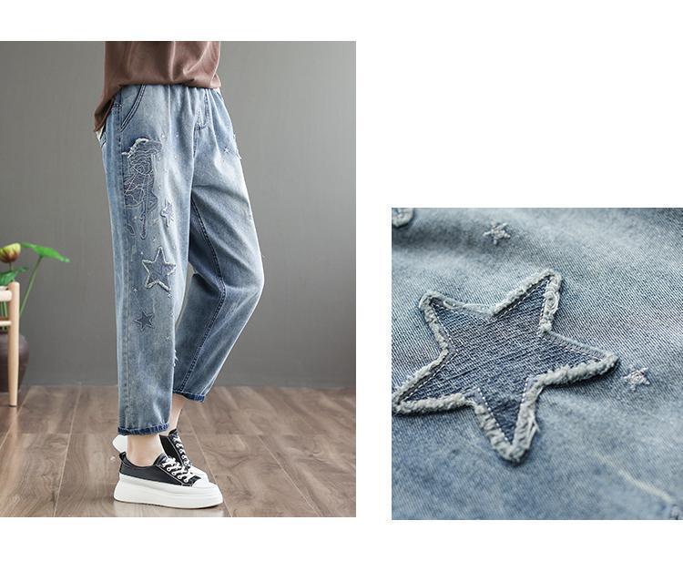 Plus Size Vintage Embroidered Women's Cotton Denim Harem Pants, Elastic Waist, Cropped for Spring/Summer