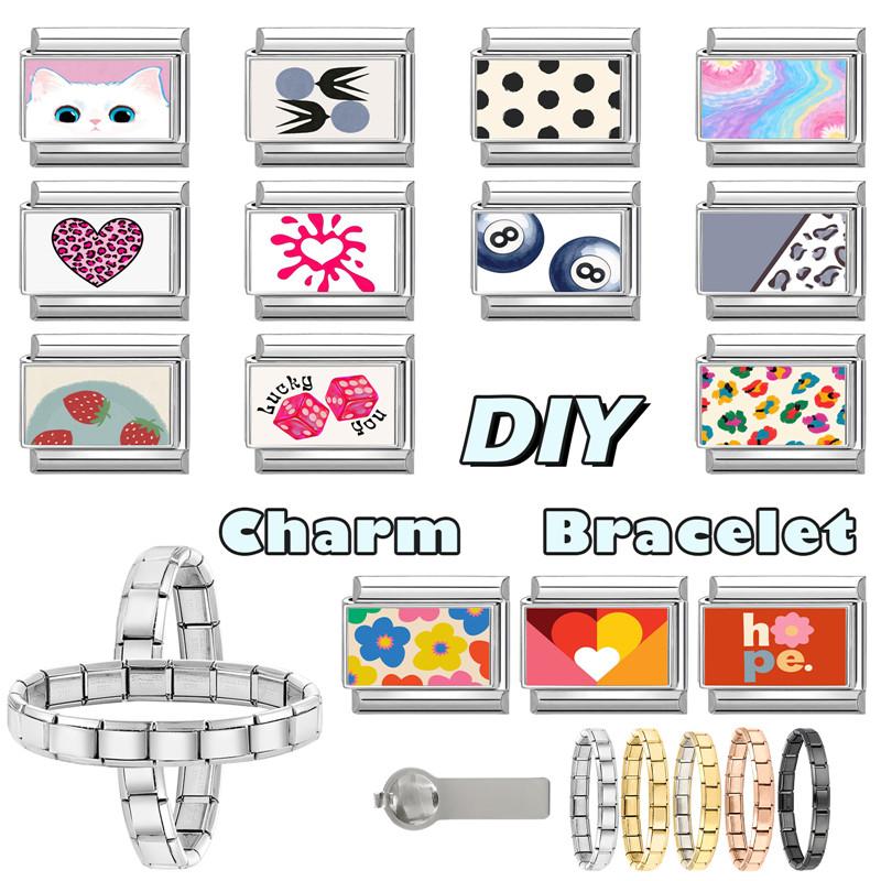 Lovely Cat Ball Leopard Heart Strawberry Flower Y2K Italian Charm Link Fit 9MM Stainless Steel Bracelet Girls' DIY Making Gift