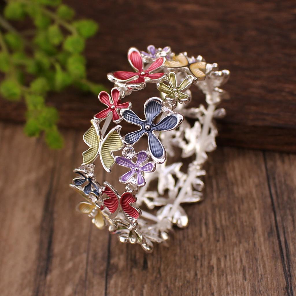 Color Painted Oil Flower Butterfly Elastic Bracelet Fashion Versatile Ladies Butterfly Flower Alloy Bracelet