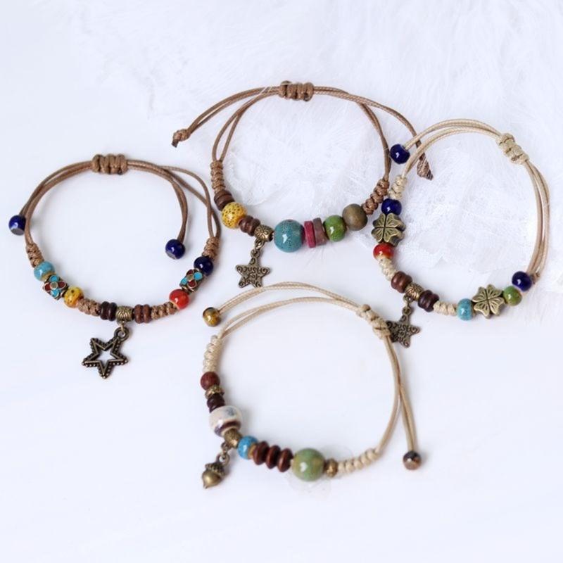 Adjustable Ethnic Ceramic Bracelet Handwoven Beaded Hand Rings Rope Stylish and Versatile Wrist Chains Jewelry Ornament