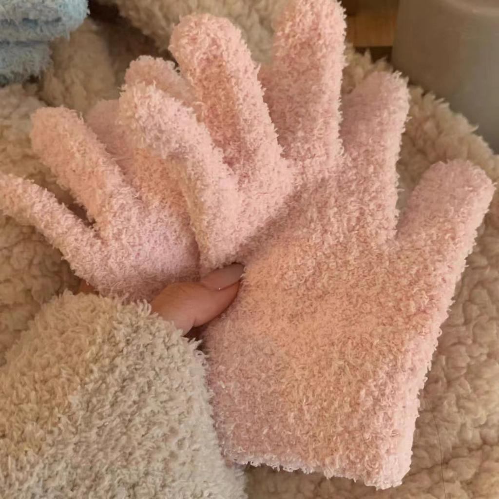 Coral Fleece Gloves Ins Japan And Korea Cute Simple Candy Color Five Fingers Fashion Warm Student
