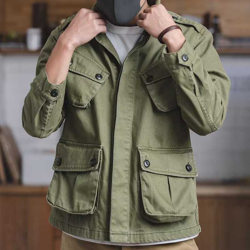 Chaqueta de trabajo lavada de peso pesado estilo militar retro estadounidense para hombre, chaqueta informal con múltiples bolsillos a la moda para otoño