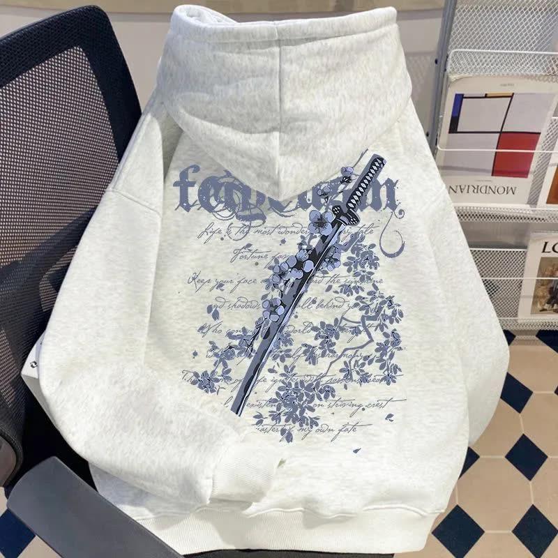 Męska bluza z kapturem w stylu vintage z nadrukiem miecza i kwiatów wiśni, z podszewką z polaru, luźny krój, modna kurtka jesienno-zimowa